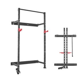 Folding Power Cage, Wall-Mounted Power Rack Squat Rack, Multifunctional Strength Training Workout Equipment with Landmine Holder, Adjustable J-Hooks &