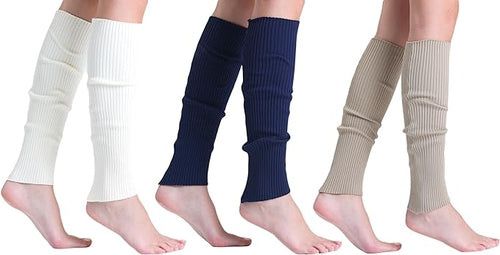 3 Pairs Knitted Leg Warmers for Women - 80s Style, One Size (Color: Ecru-Navy-Beige, size: One Size)