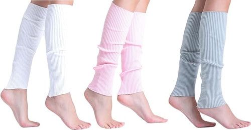 3 Pairs Knitted Leg Warmers for Women - 80s Style, One Size (Color: White-Pink-Gray, size: One Size)