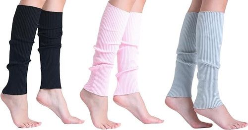 3 Pairs Knitted Leg Warmers for Women - 80s Style, One Size (Color: Black-Pink-Gray, size: One Size)